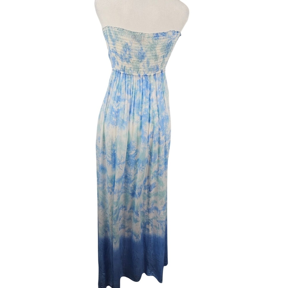 Tiare Hawaii Maxi Dress One Size Blue Tie Dye Strapless Smocked Boho Stretch - Picture 2 of 10